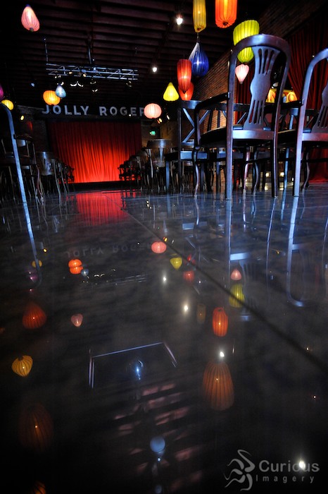 Reflection of Chinese lanterns in blue tile floor at the Georgetown Ballroom