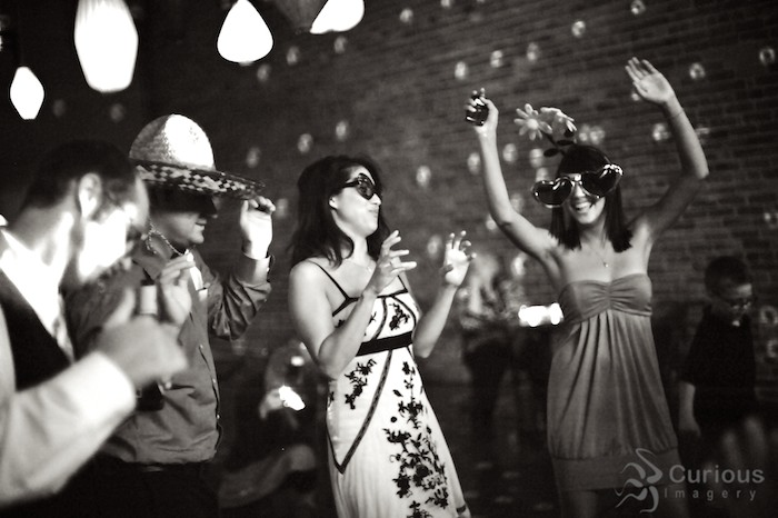 Guests dancing at alternative Georgetown Ballroom wedding, Black and White.