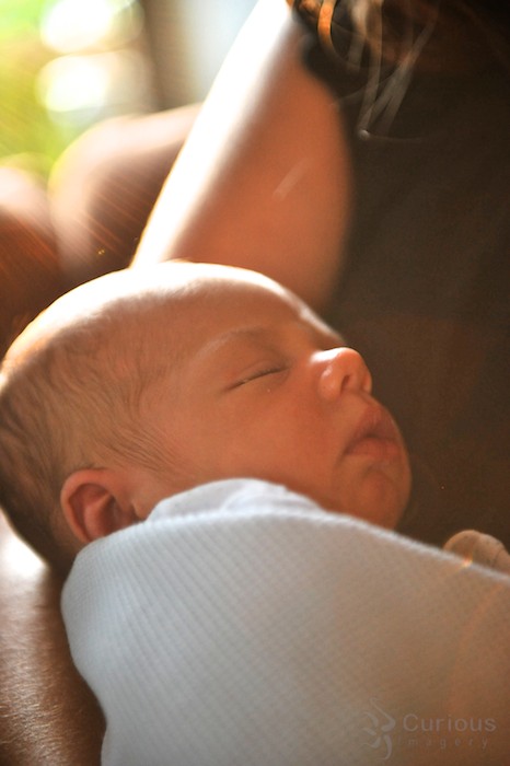 Newborn boy in mothers arms with golden sunlight